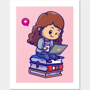 Cute Girl Playing Laptop On Book Cartoon Posters and Art